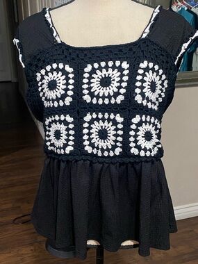 Trendmates Black Crocheted Square Yoke Peplum Top with White Accents